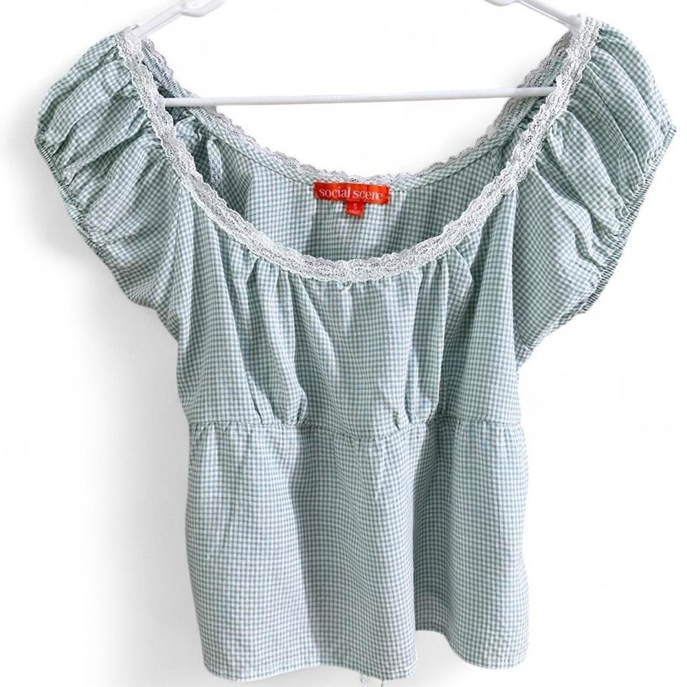 Social Scene Green Gingham Lace Milkmaid Top Puff‎ Sleeve Size S Cottagecore